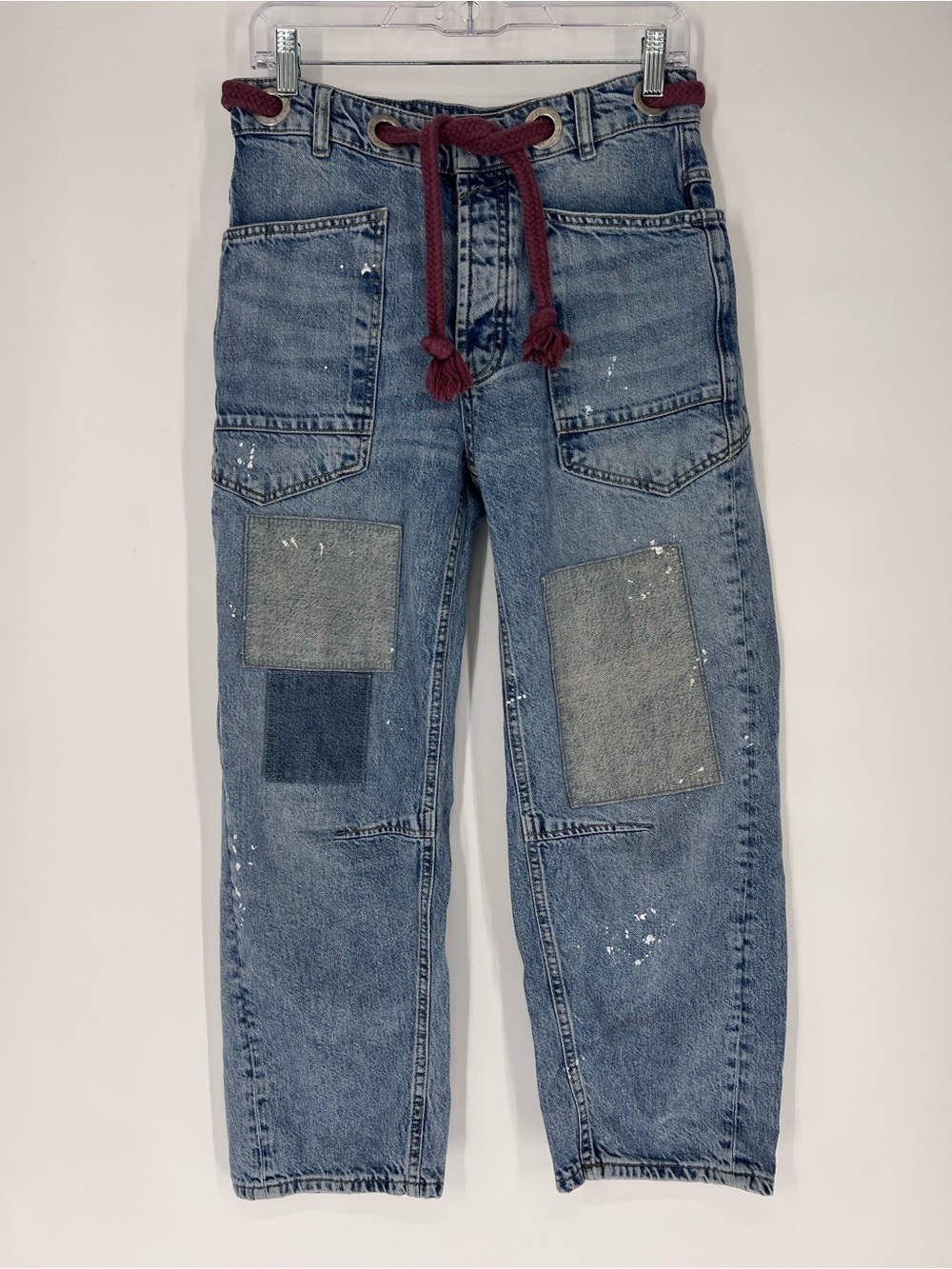 We The Free Moxie Blue Patchwork Denim Barrel Burgundy Belted Boyfriend Jean 25
